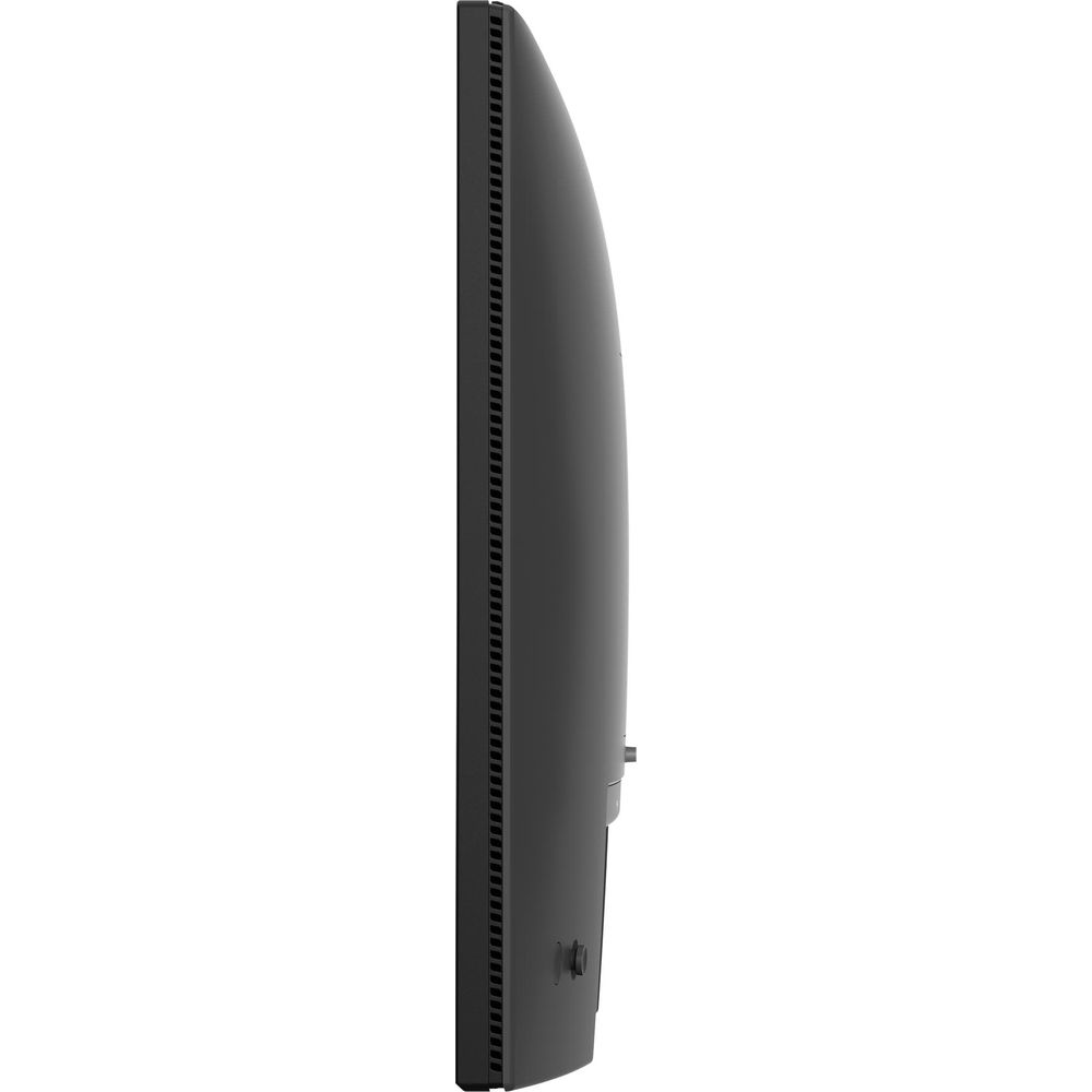 Vista laterale di un monitor di computer nero ed elegante con fessure di ventilazione sul bordo sinistro.
