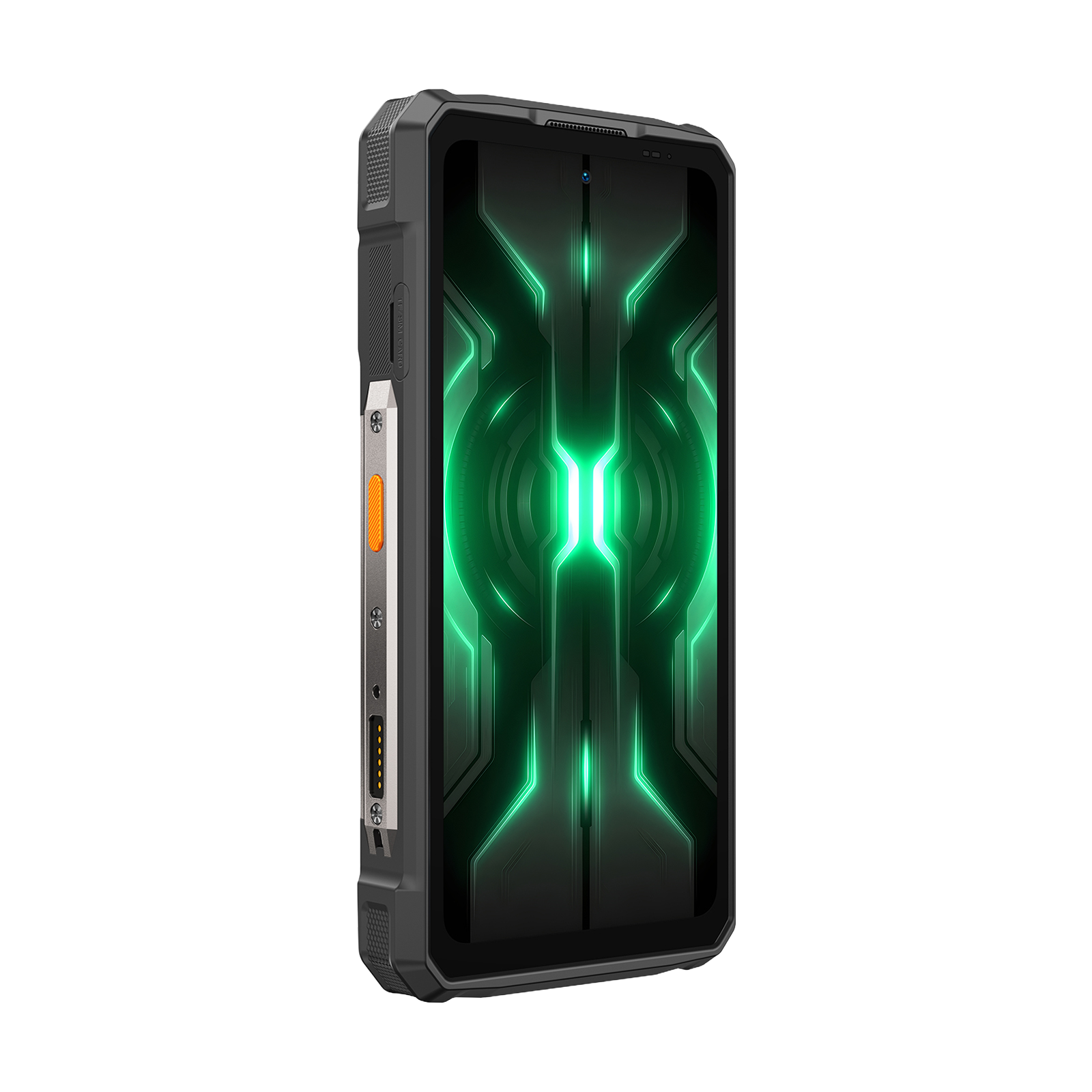 Ein robustes schwarzes Smartphone mit einem leuchtend grünen, futuristischen Bildschirmdesign.