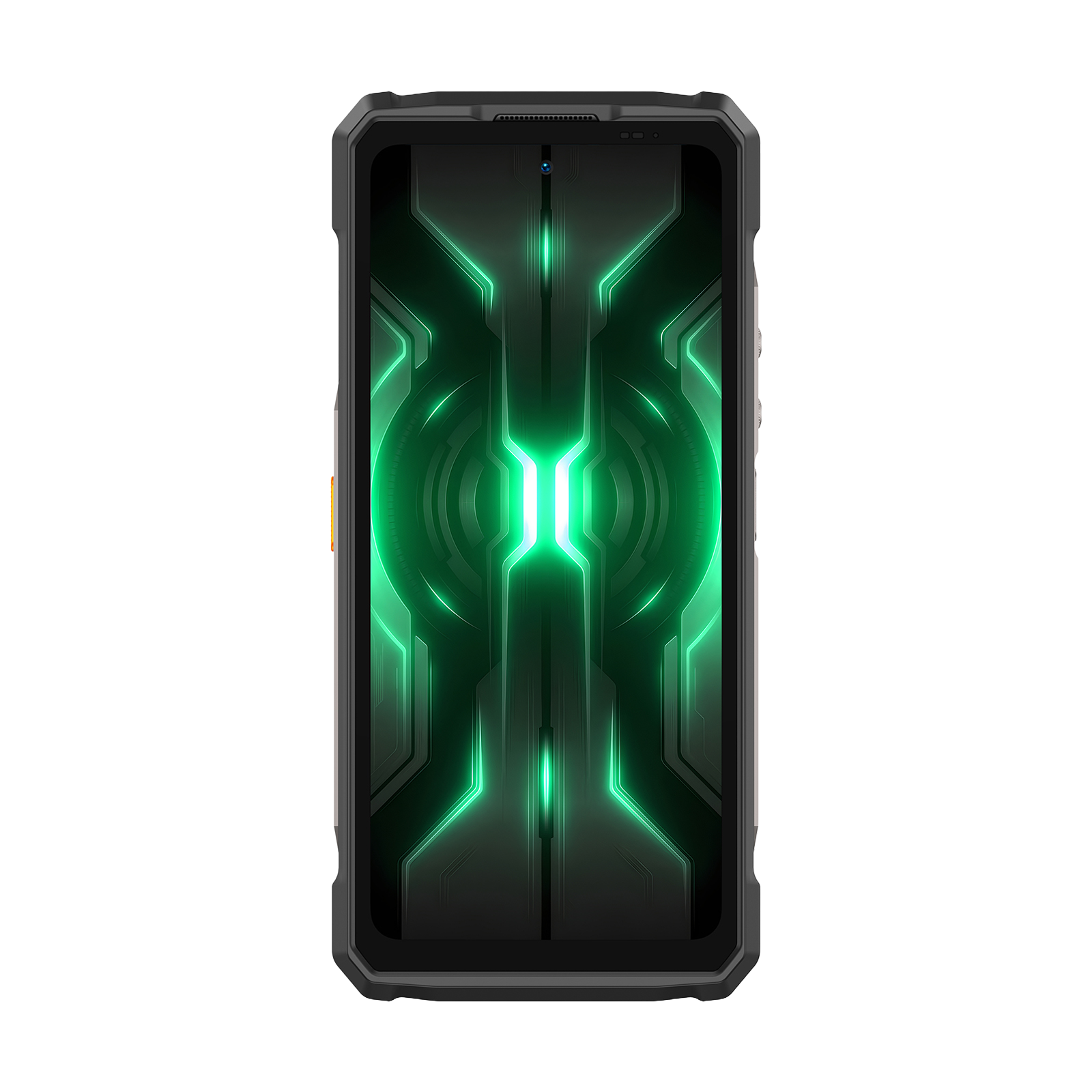 Czarny smartfon z jaskrawą, zieloną, futurystyczną tapetą.