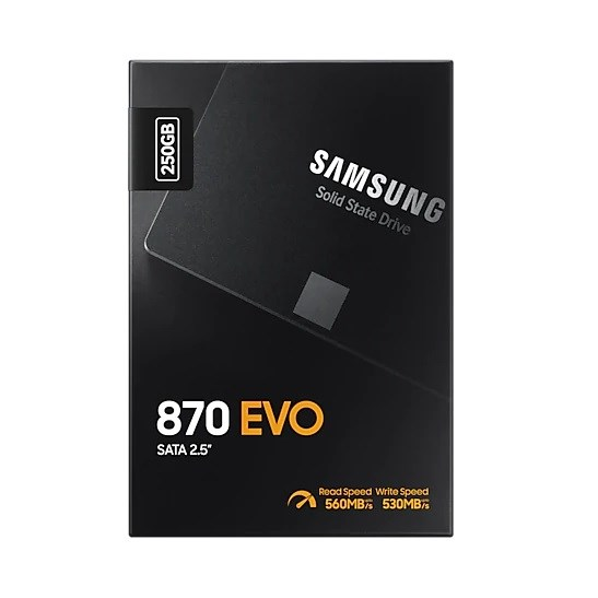 Siyah Samsung 870 EVO 250GB SSD kutusu, okuma/yazma hızları 560/530MB/s.