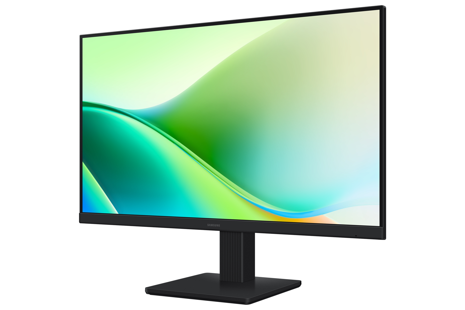 Un monitor nero con uno sfondo astratto verde e blu.