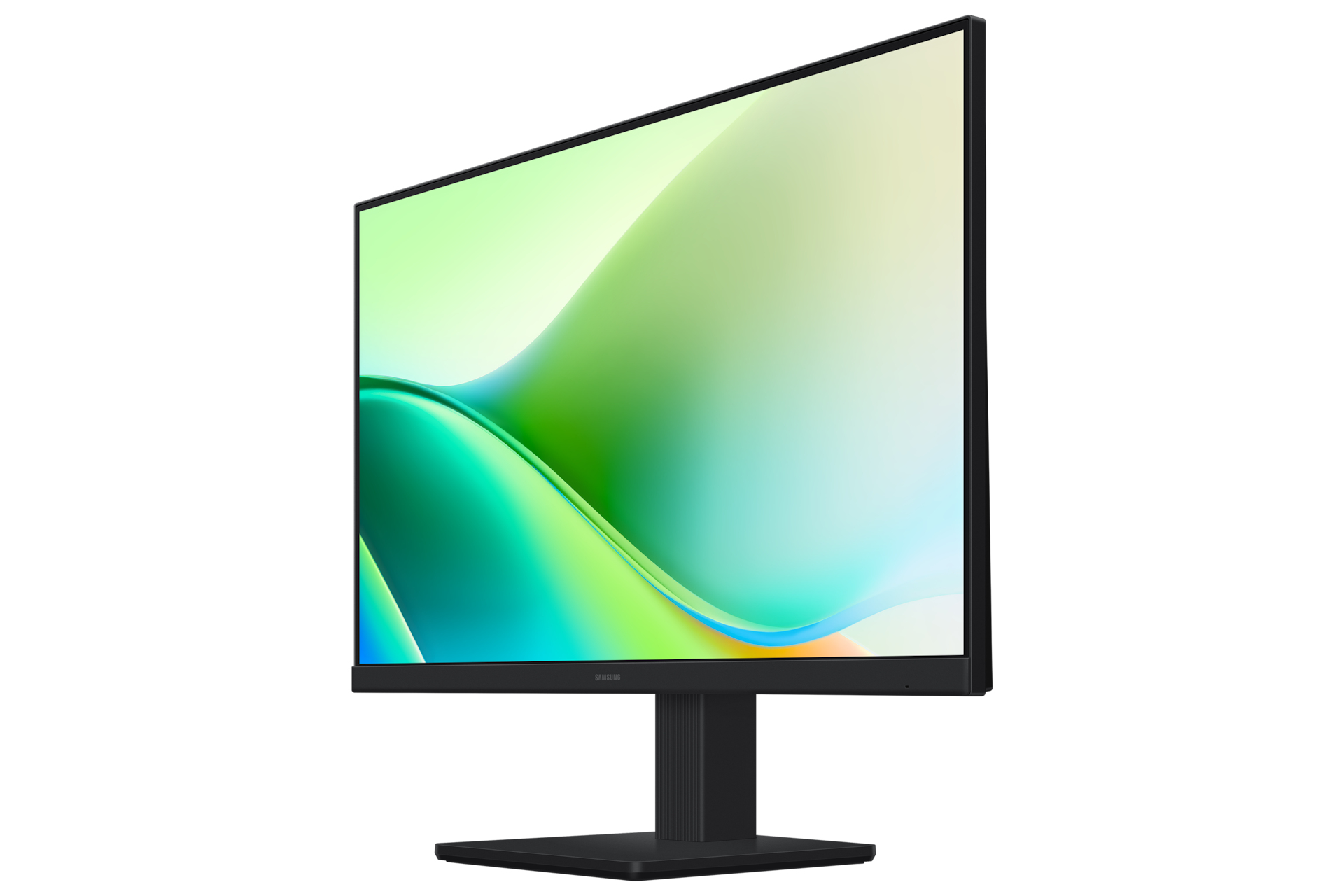 Un monitor Samsung nero con un design astratto a onda colorata sullo schermo.