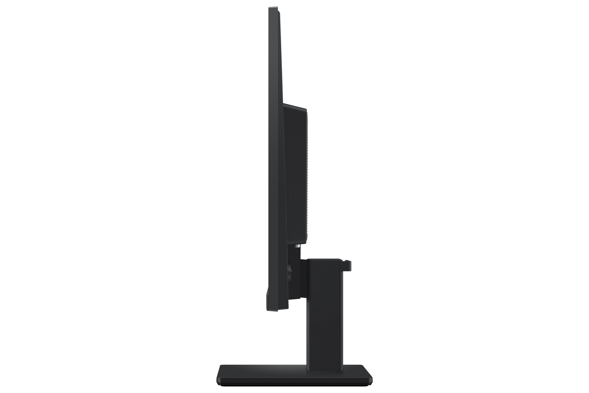 Monitor per computer nero di profilo su sfondo bianco.