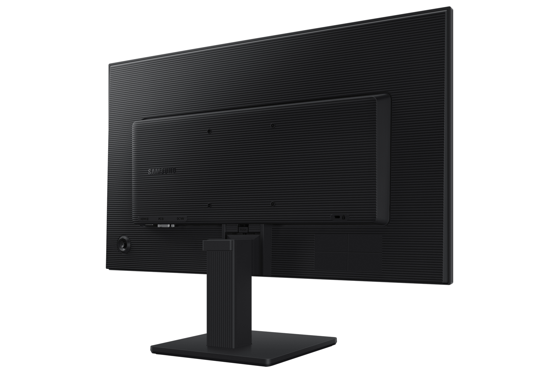 Vista posteriore di un monitor Samsung nero con porte e supporto.