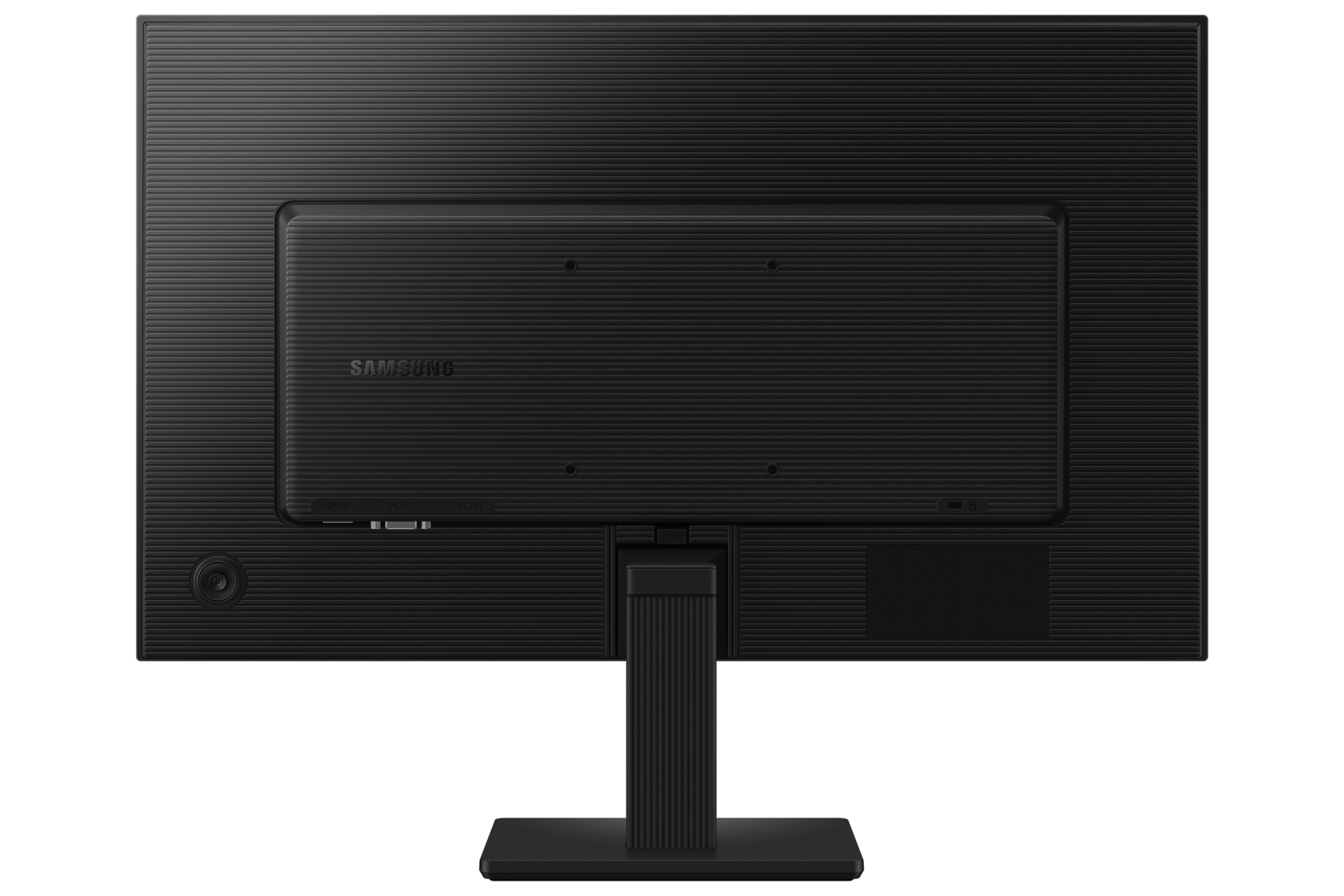 Vista posteriore di un monitor Samsung nero con porte e supporto.