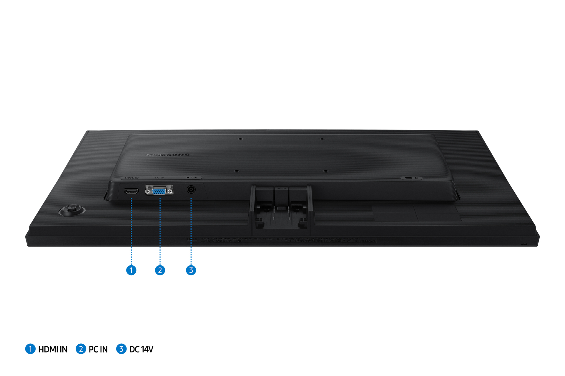 Vista posteriore di un monitor Samsung nero che mostra le porte: HDMI, PC e DC 14V.
