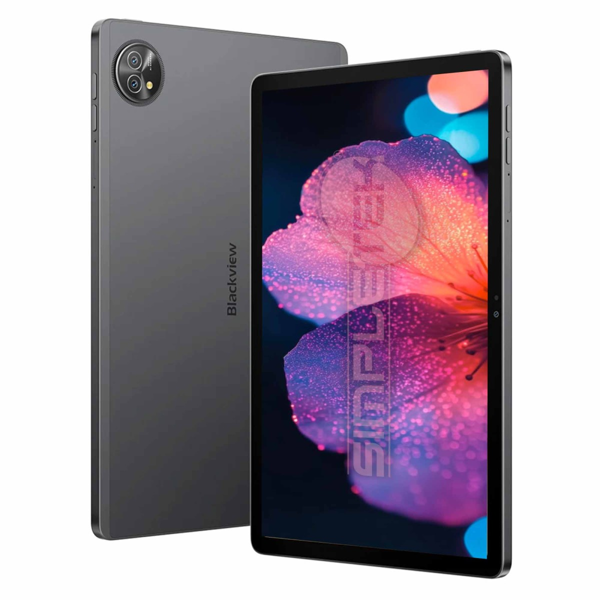 Un tablet grigio con doppia fotocamera posteriore mostra uno sfondo floreale vivace.