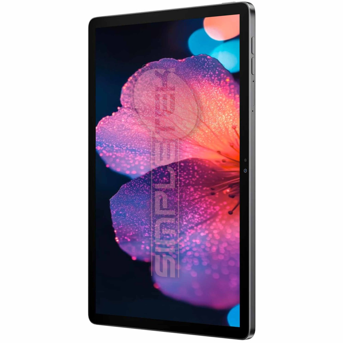 Un tablet visualizza un'immagine di fiore luminoso con gocce d'acqua e luci bokeh.