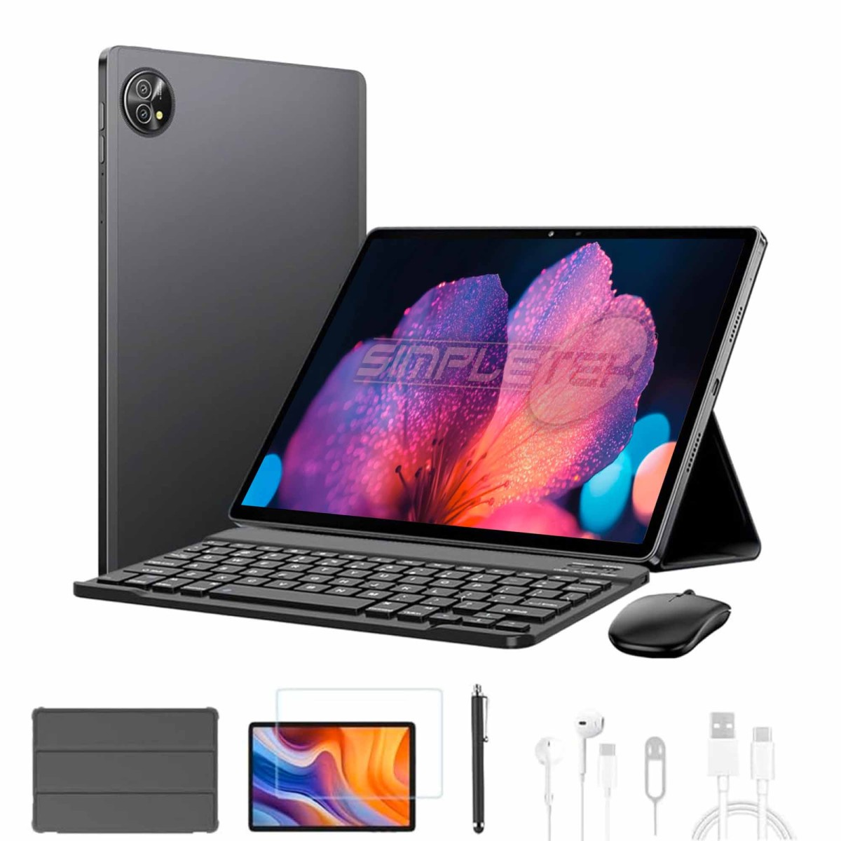 Un tablet con tastiera, mouse e accessori su sfondo bianco.