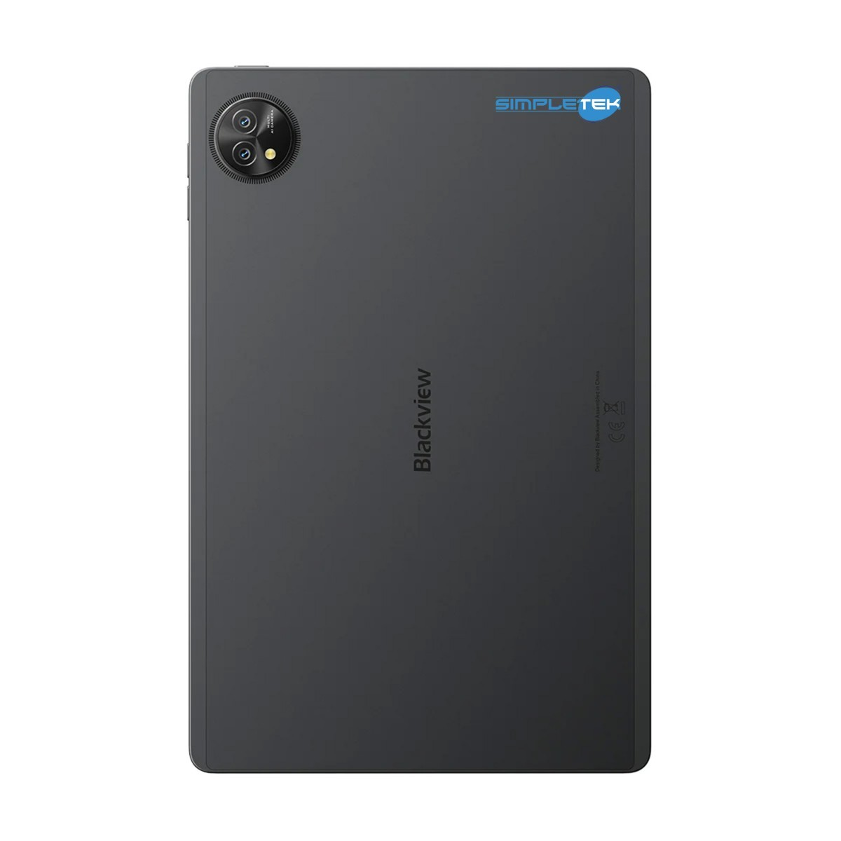 Retro di un tablet nero con tripla fotocamera e logo.
