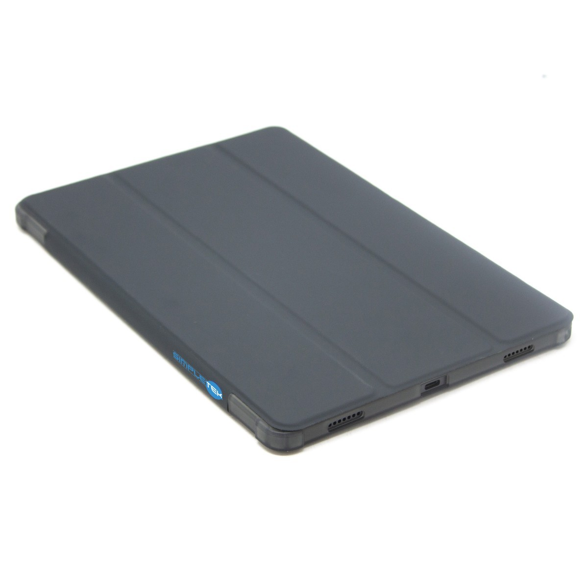 Copertina per tablet grigio scuro con tre pieghe sul davanti e porte visibili.