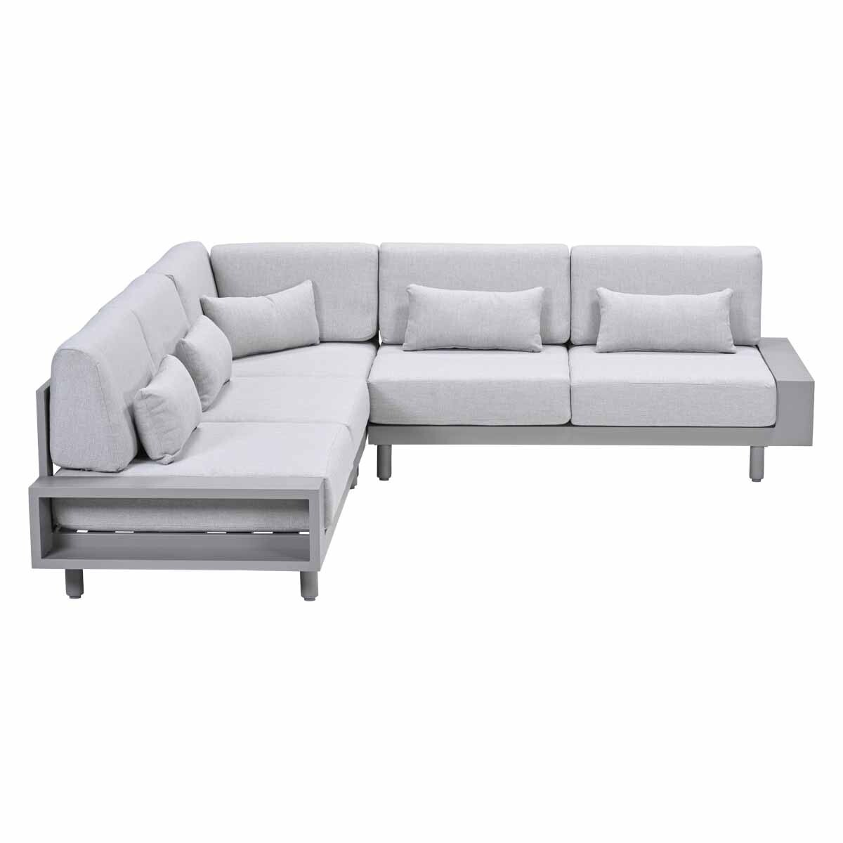 A light grey sectional sofa with a modern metal frame and cushions.