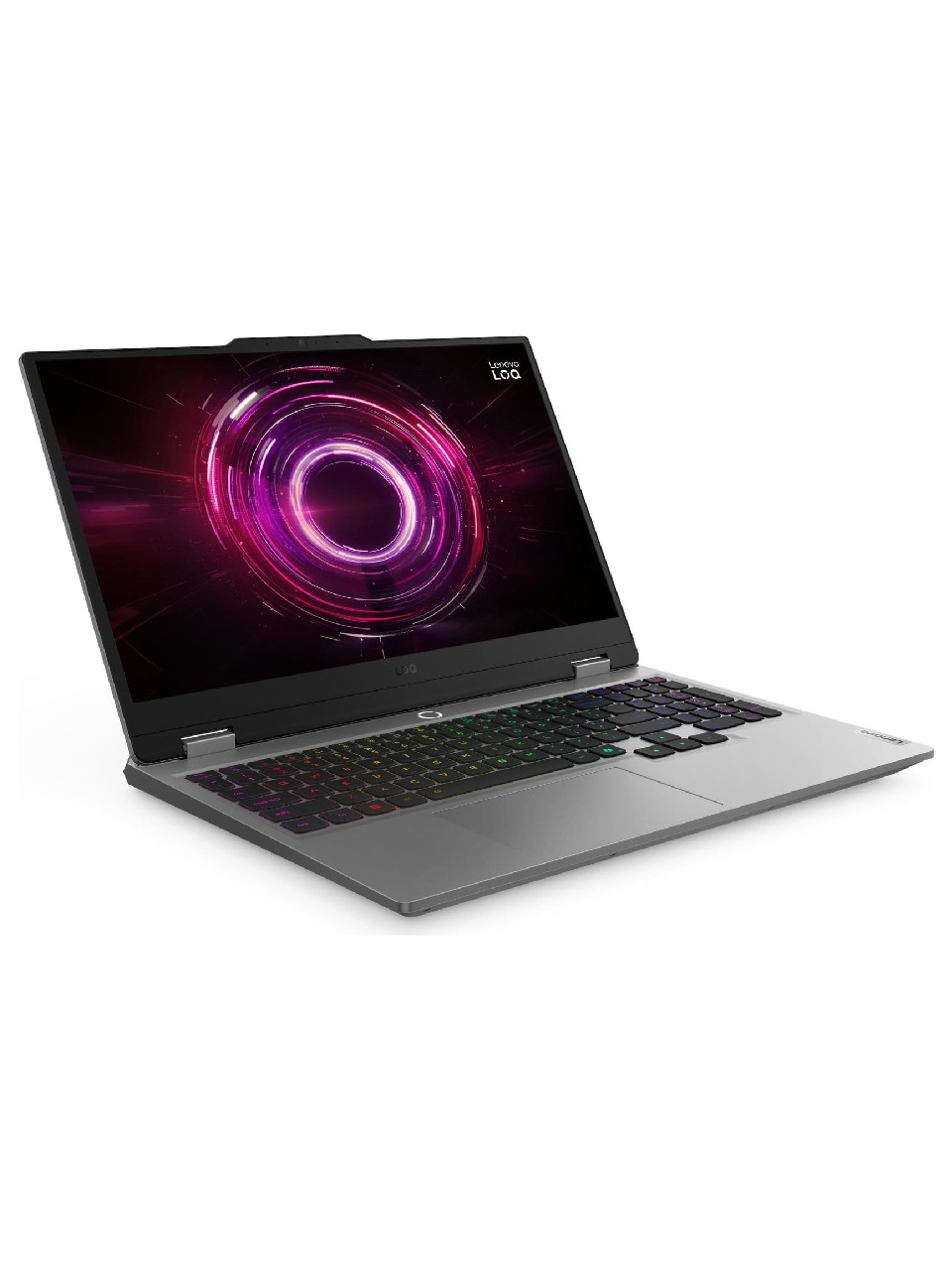 Renkli, parlak klavyeli gümüş Lenovo dizüstü bilgisayar ve canlı, eş merkezli daire duvar kağıdı.