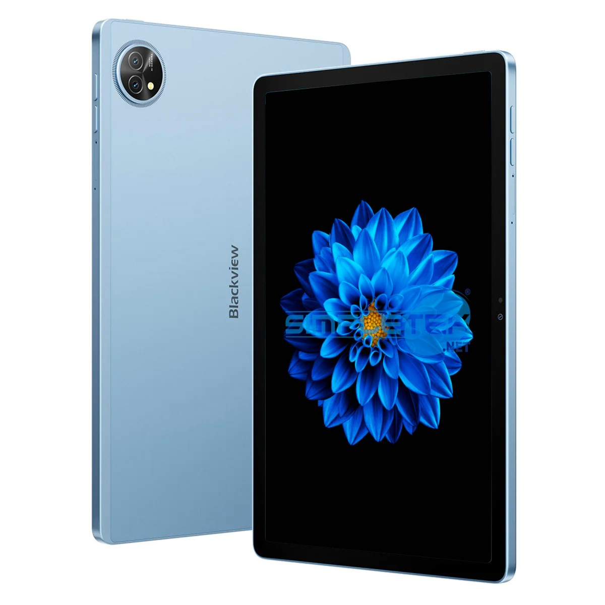 Un tablet azzurro con schermo floreale blu e modulo fotocamera.