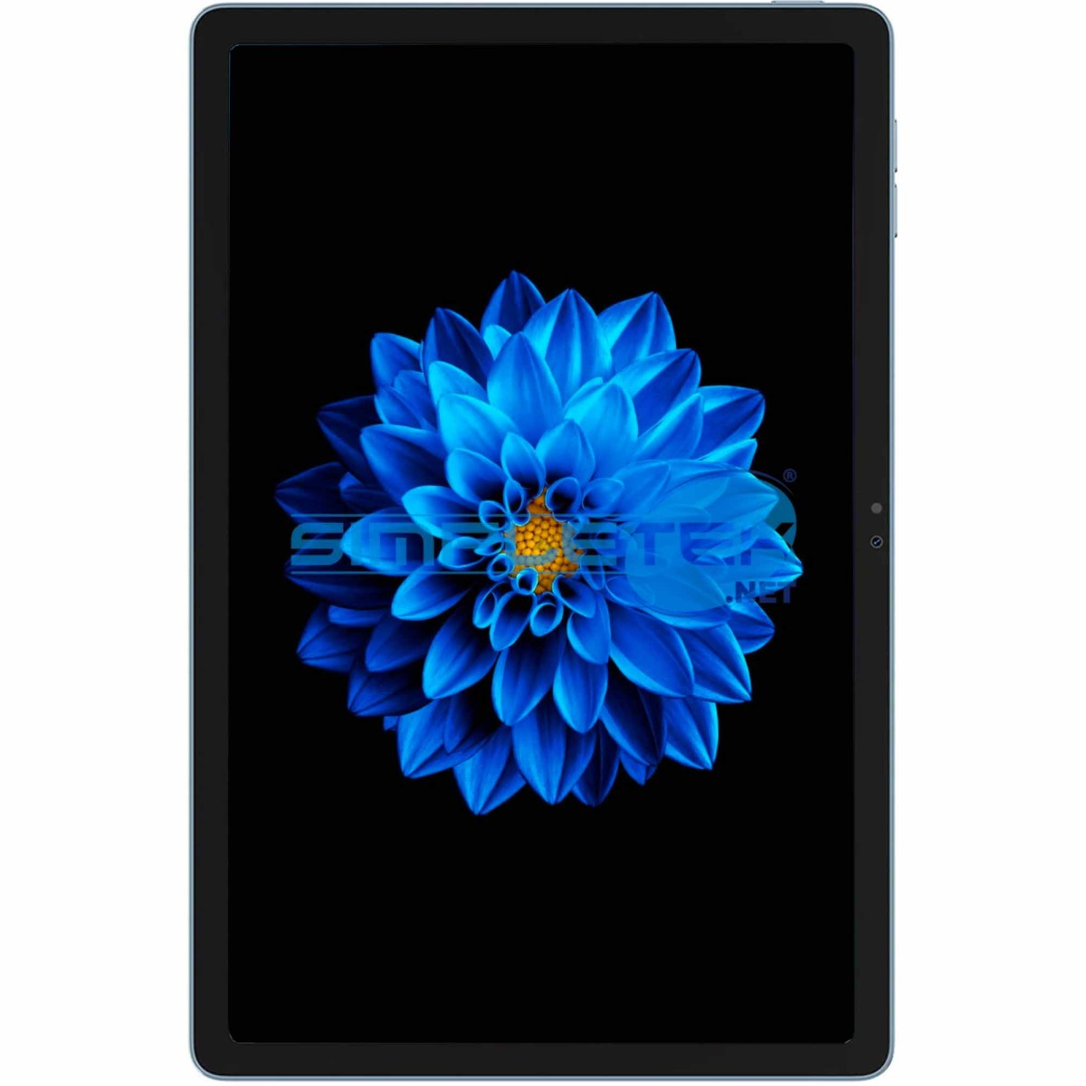 Un tablet che mostra un fiore blu su schermo nero.