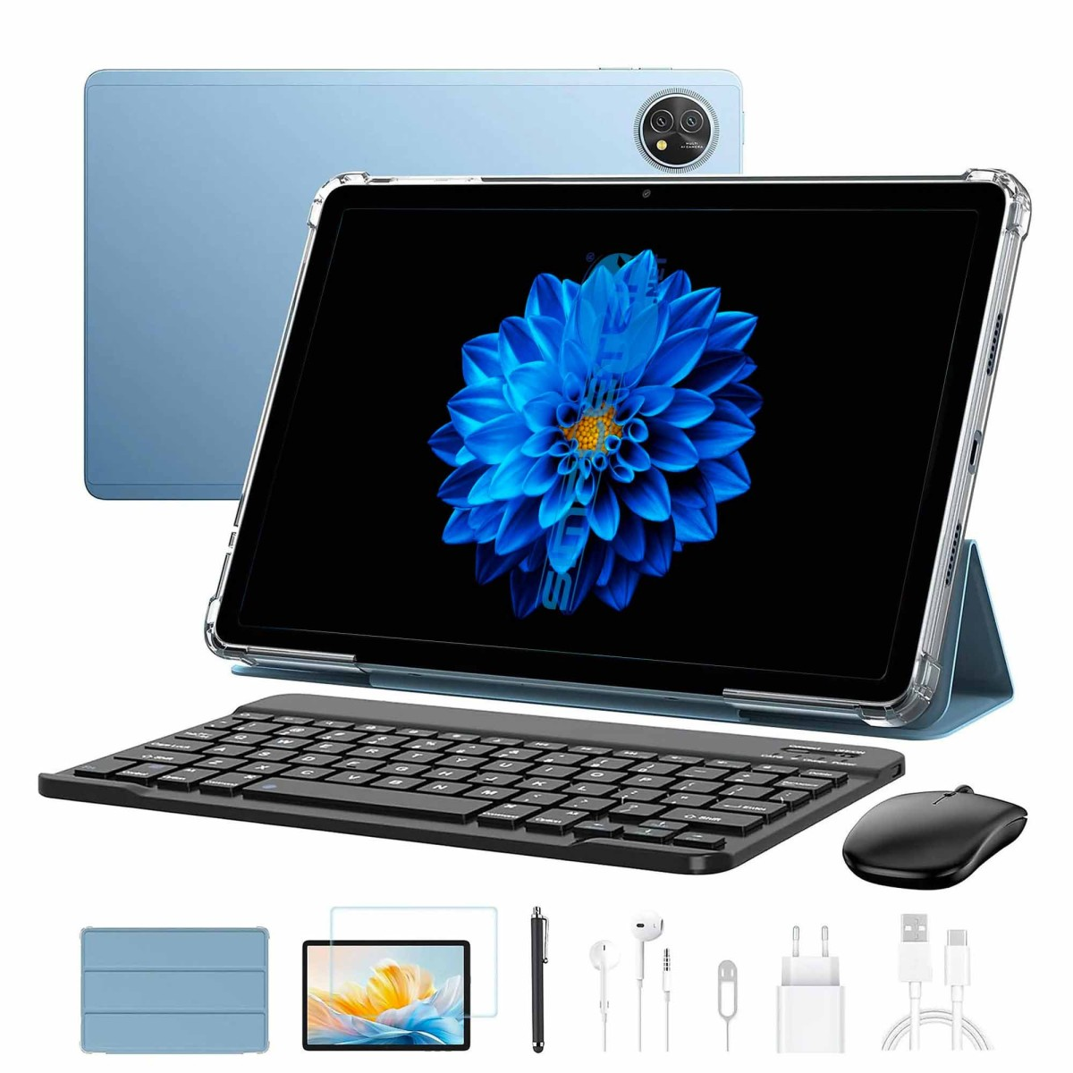 Un tablet blu con accessori: tastiera, mouse, penna, auricolari, caricabatterie.