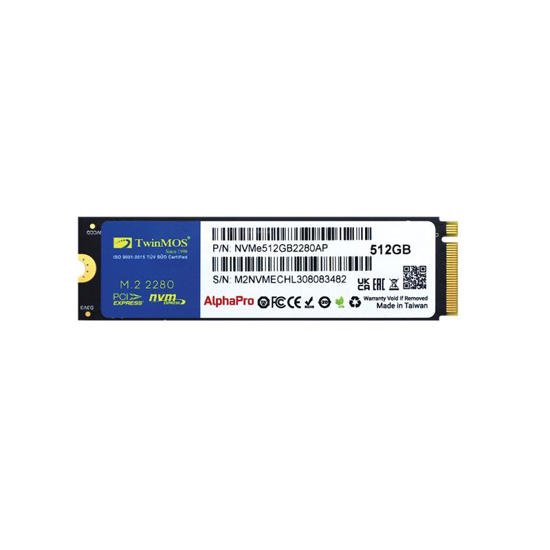 PCI Express ve çeşitli logolara sahip bir TwinMOS M.2 2280 512GB NVMe SSD.