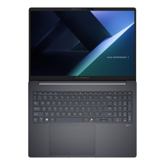 Un portátil Asus Expertbook abierto y oscuro que muestra teclado y touchpad.