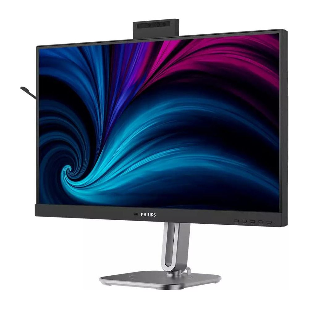 Un monitor Philips moderno con webcam in cima e uno sfondo astratto colorato.