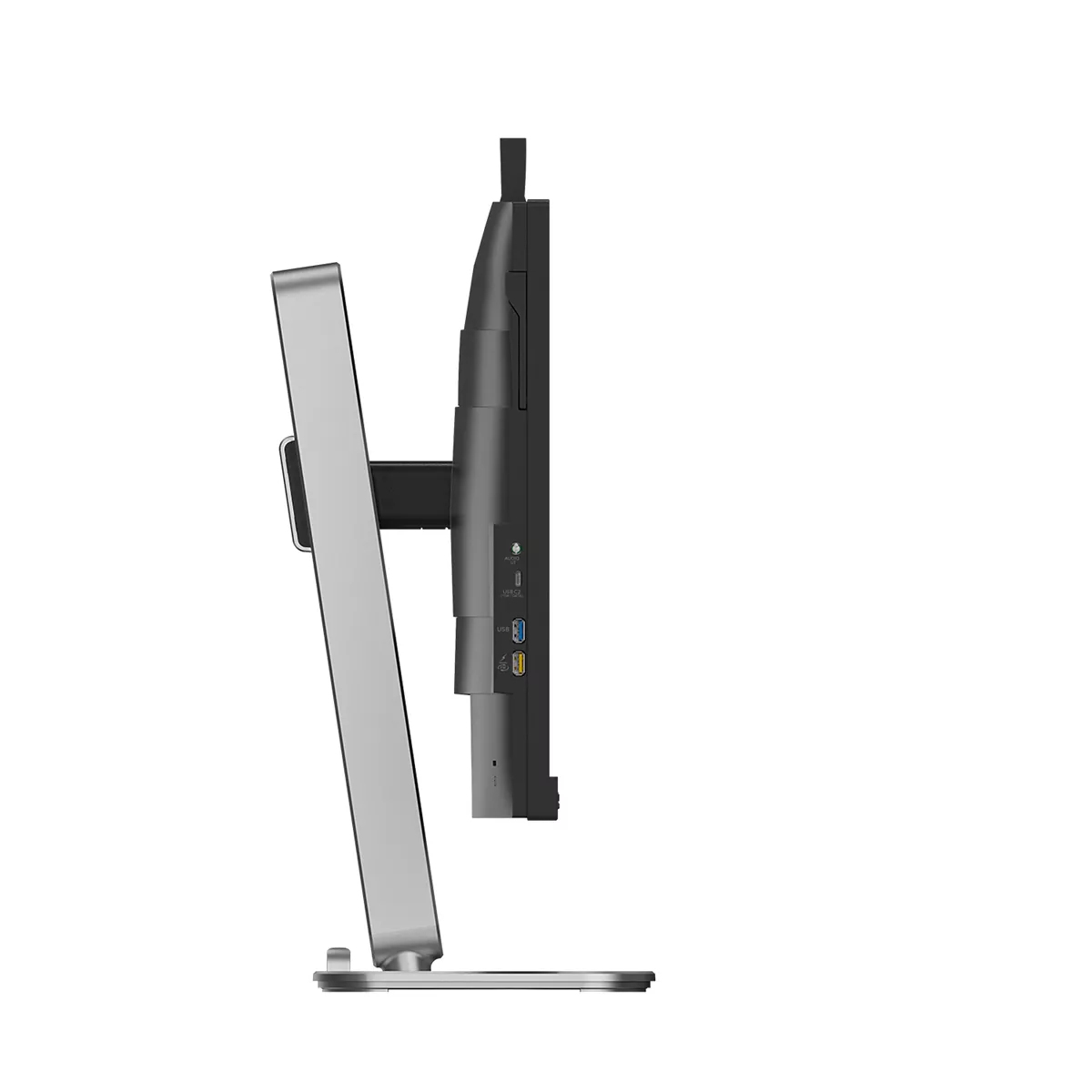 Vista laterale di un monitor nero con supporto argentato e porte.