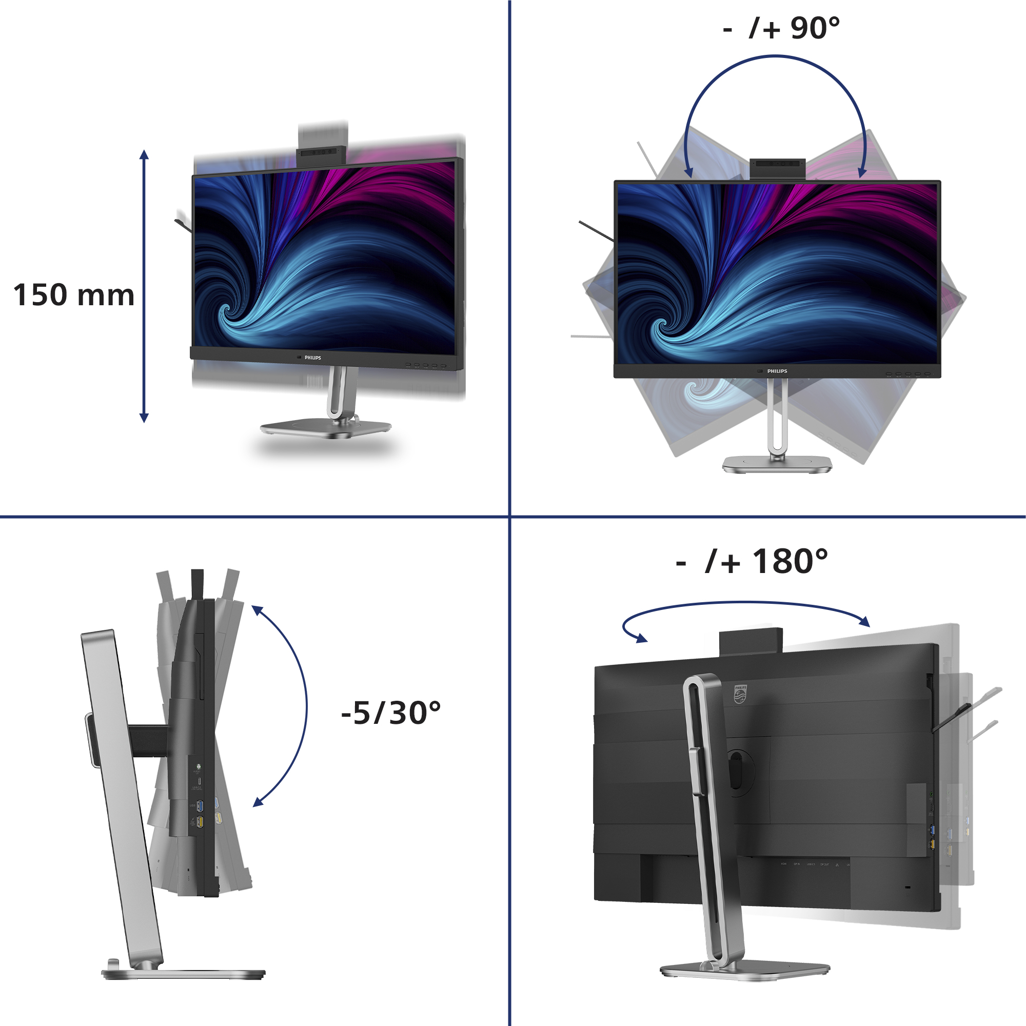 Un monitor con supporto regolabile è mostrato in quattro viste.