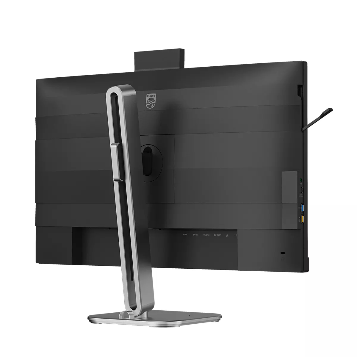 Vista posteriore di un monitor nero con supporto argentato e porte visibili.