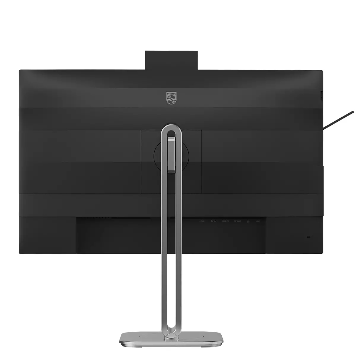 Retro di un monitor nero con supporto argento e porte.