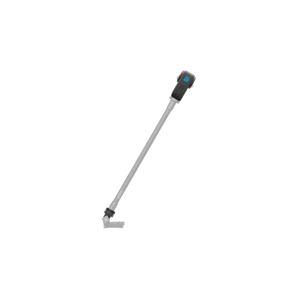 Un cabezal de cámara 360 negro con pantalla azul en un palo de extensión gris.