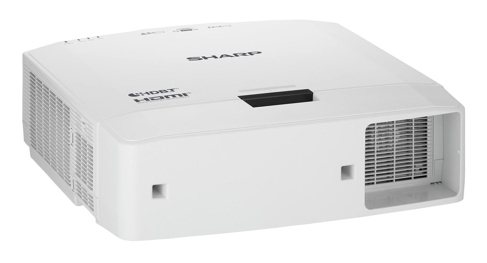 Proyector Sharp blanco con logo HDMI y HDBT, rejillas en los laterales.