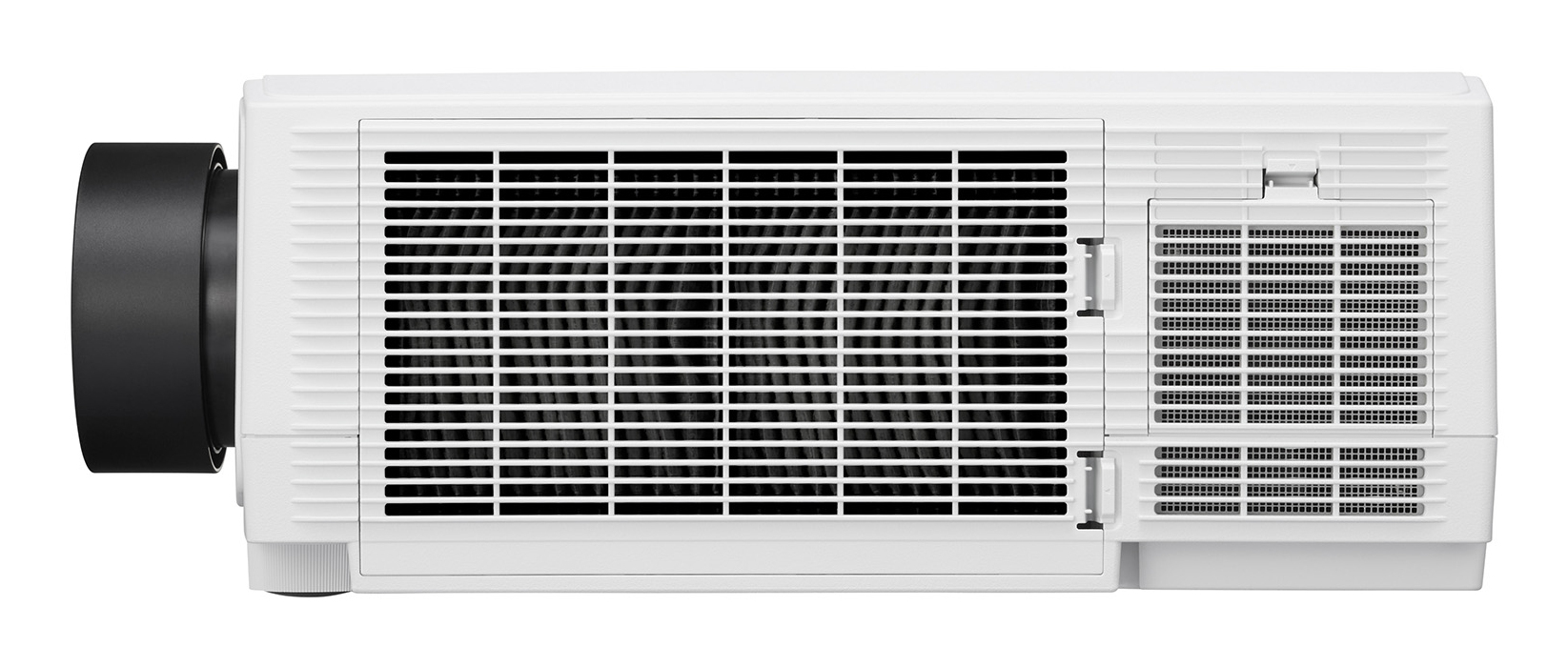 Un proyector blanco con lente negra y rejillas de ventilación.