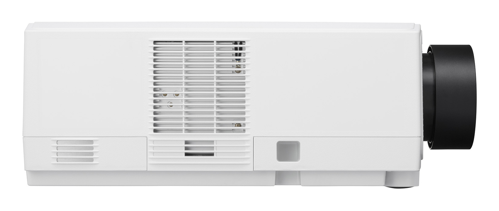 Un proyector blanco con rejillas de ventilación y lente negra.
