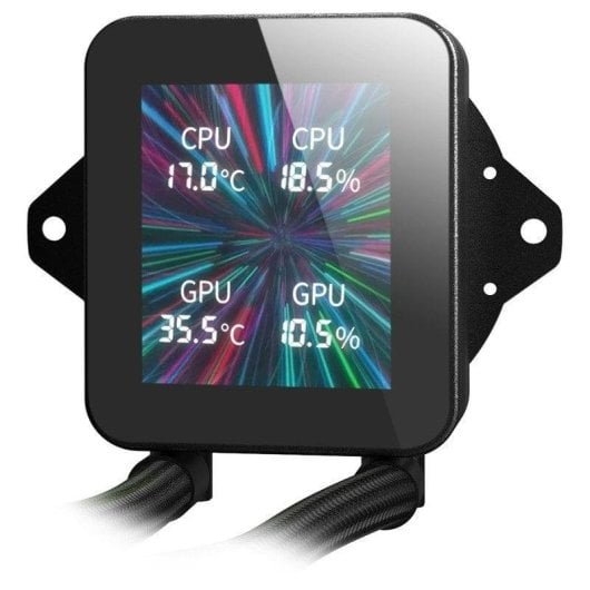 Una pantalla de componente de computadora negra muestra temperaturas/uso de CPU y GPU con fondo colorido.