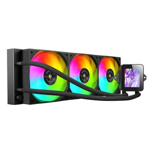 Un enfriador de CPU con tres ventiladores RGB y una pequeña pantalla LCD.