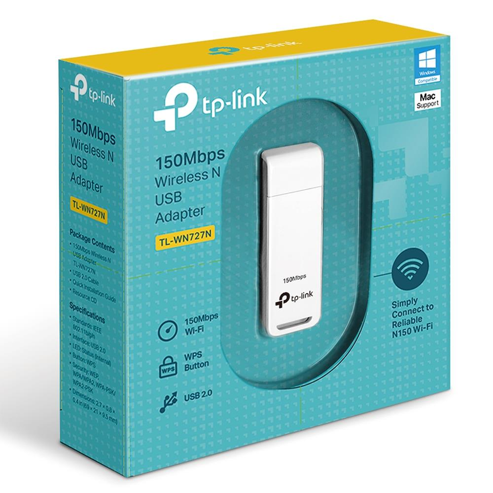 TP-Link 150Mbps Kablosuz N USB Adaptör TL-WN727N kutusunda, Windows/Mac uyumlu.