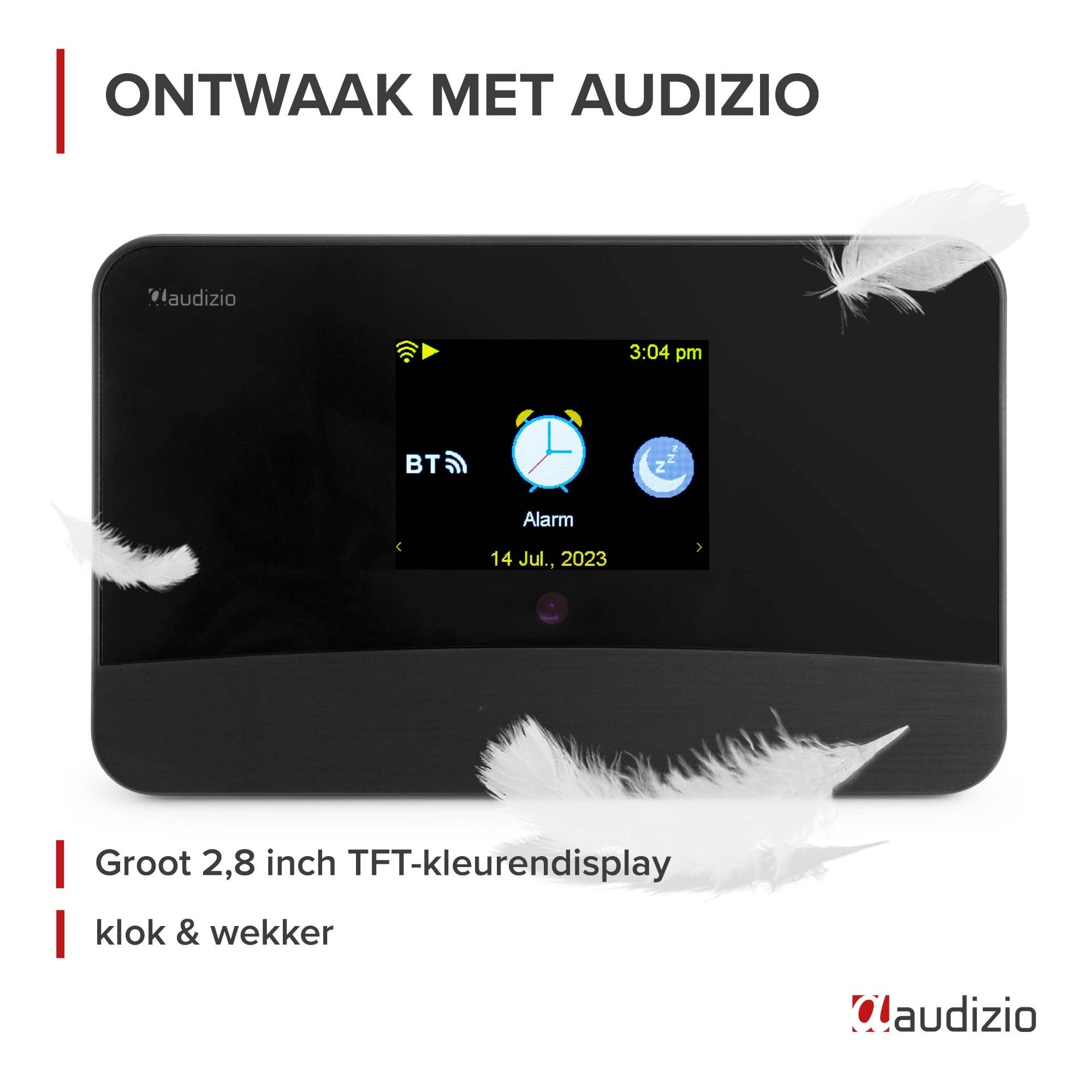 Reloj despertador Audizio con pantalla TFT de 2,8 pulgadas muestra hora y fecha.