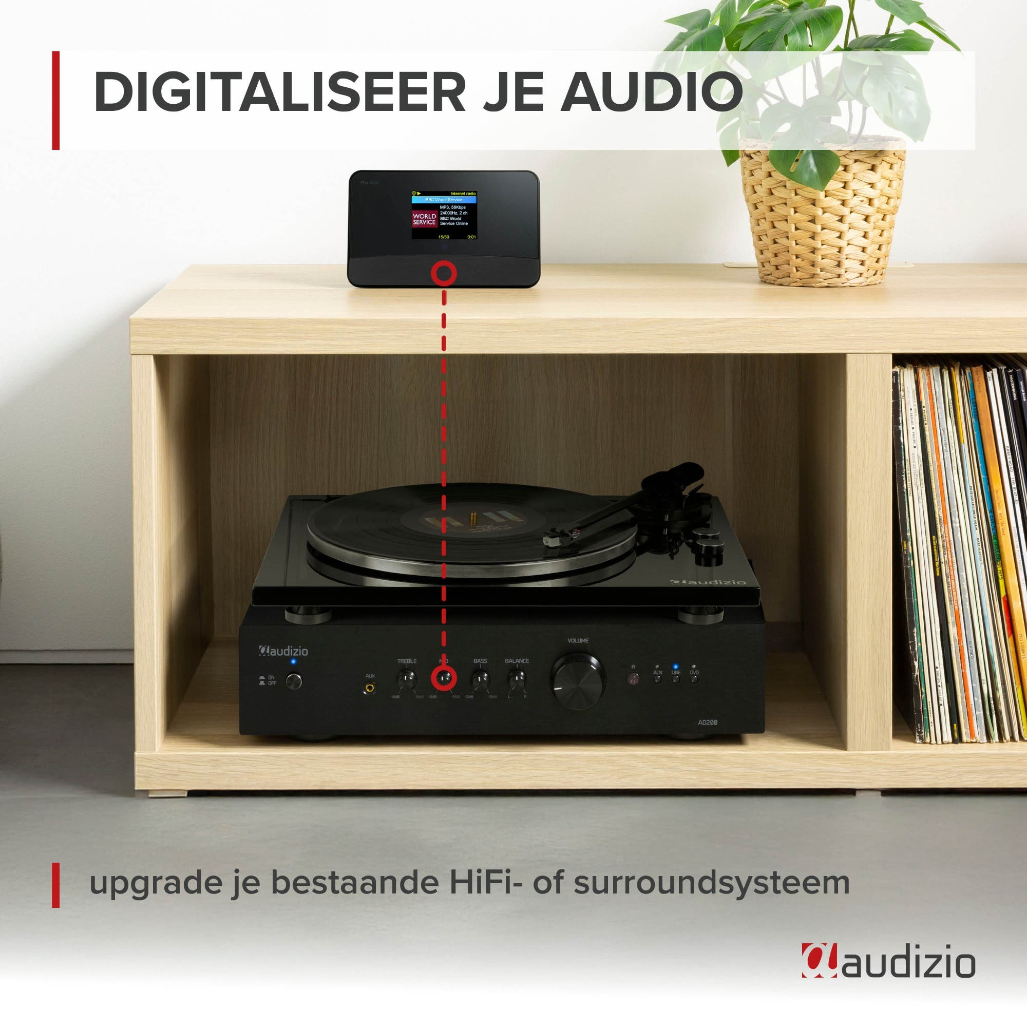 Un tocadiscos y un digitalizador se sientan en un estante de madera junto a una planta.