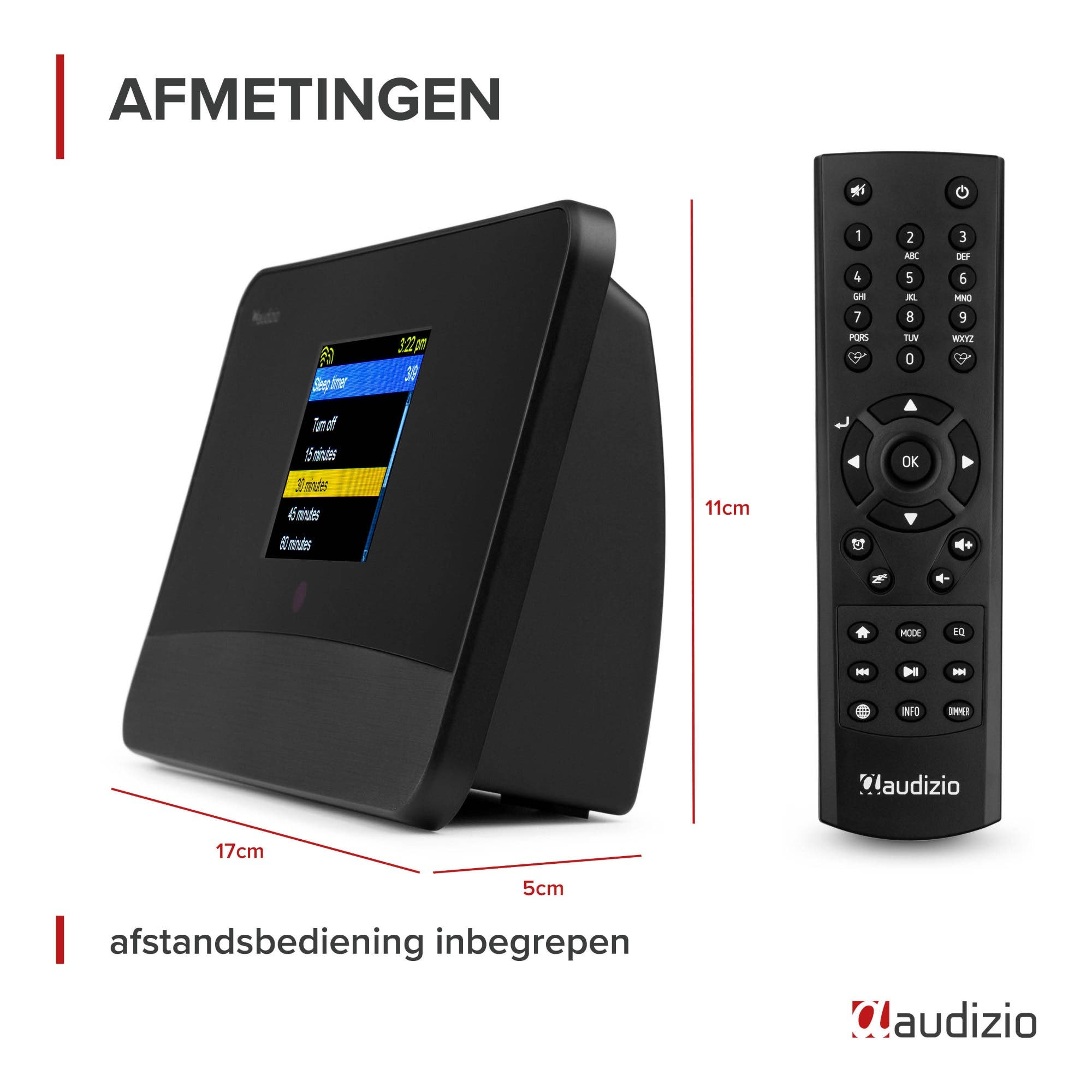 Altavoz negro con mando a distancia, se muestran las dimensiones.