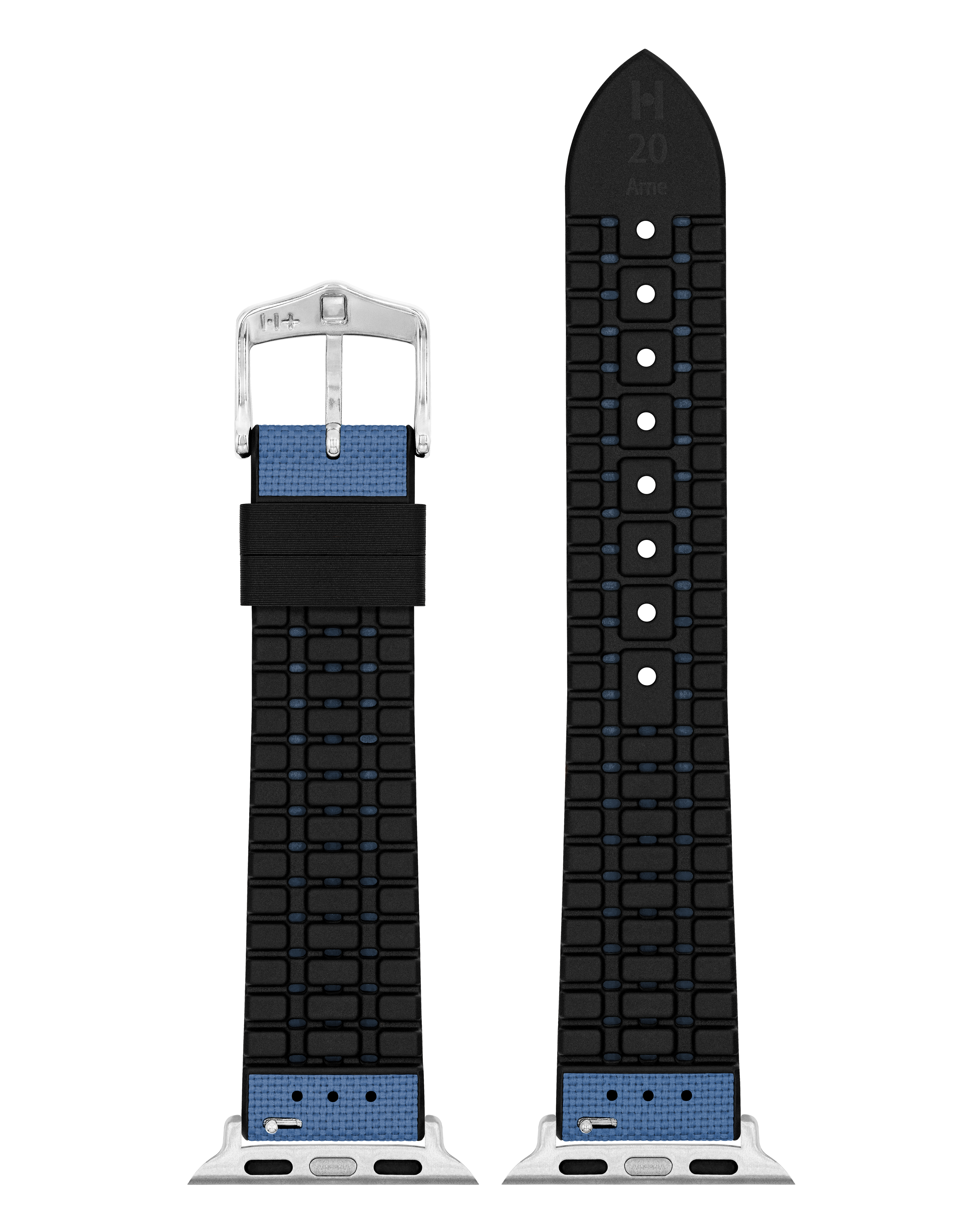 Schwarzes Uhrenarmband mit blauem Einsatz und Metallschnalle.