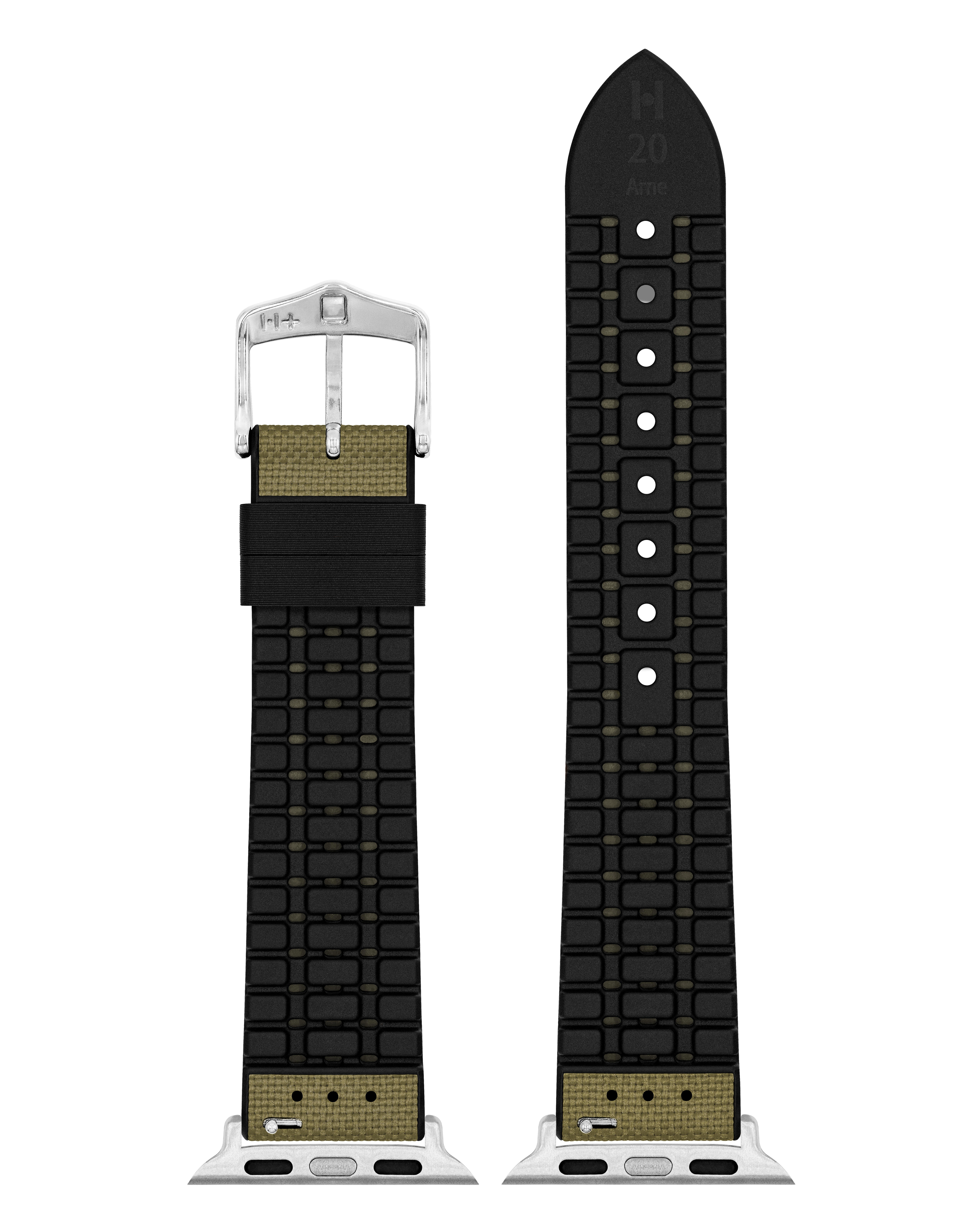 Zwei Uhrenarmbänder in Schwarz und Khaki mit silberner Schnalle, auf weißem Hintergrund.