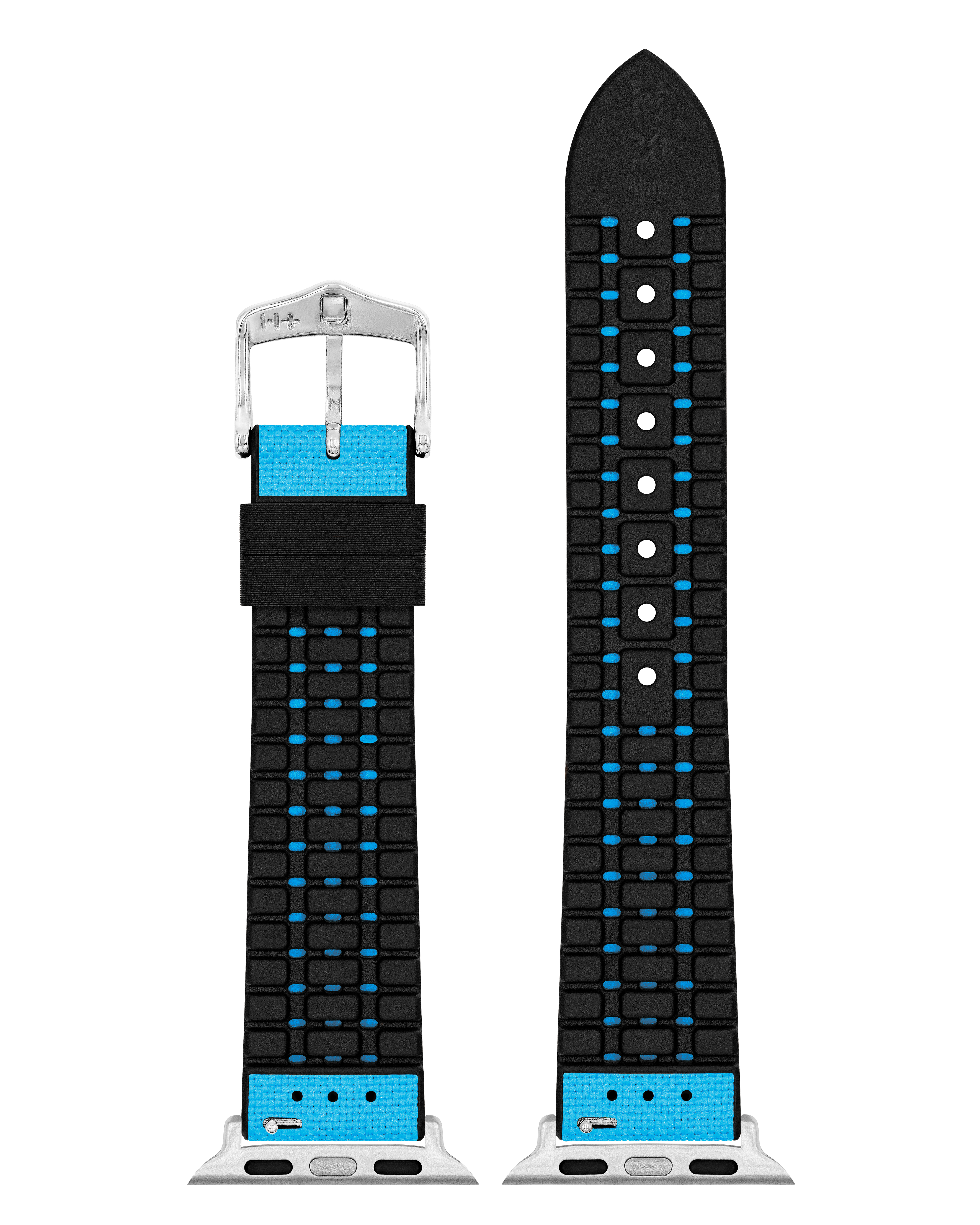 Schwarzes Armband mit blauen Akzenten und Metallschnalle.