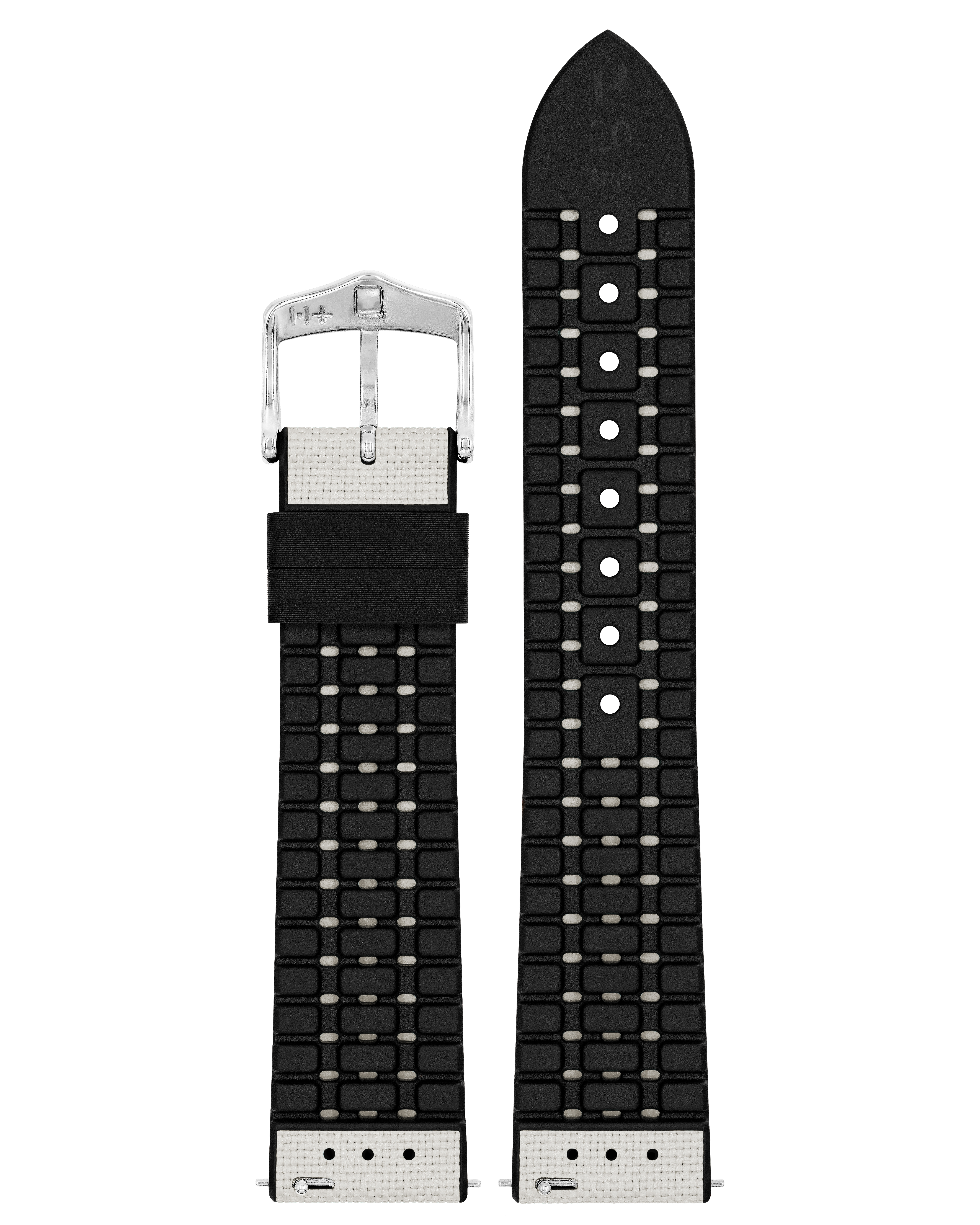 Schwarzes Armband mit silberner Schnalle und geprägtem Muster.