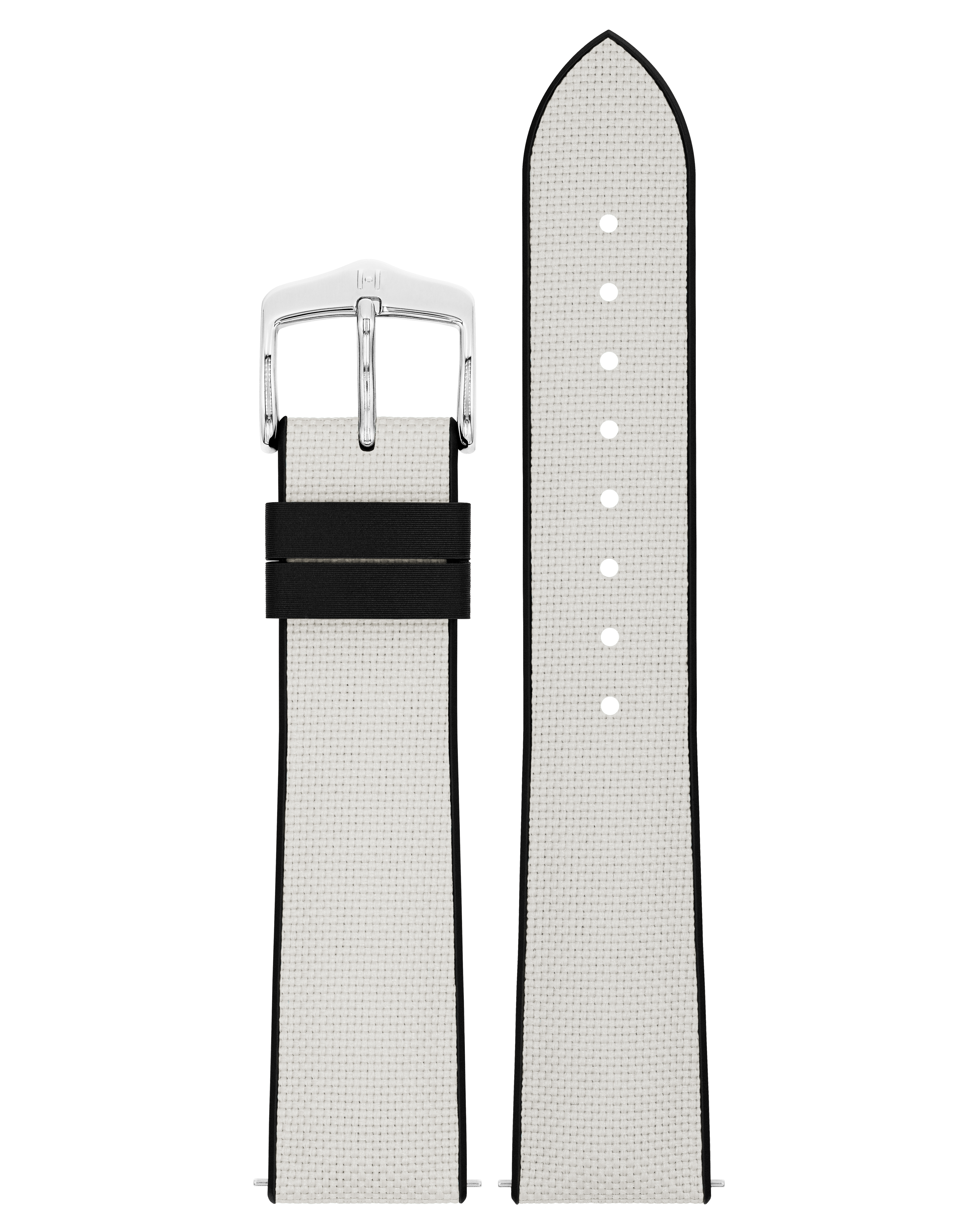 Ein silbernes Schnallenende und ein hellgraues Armband mit schwarzen Akzenten.