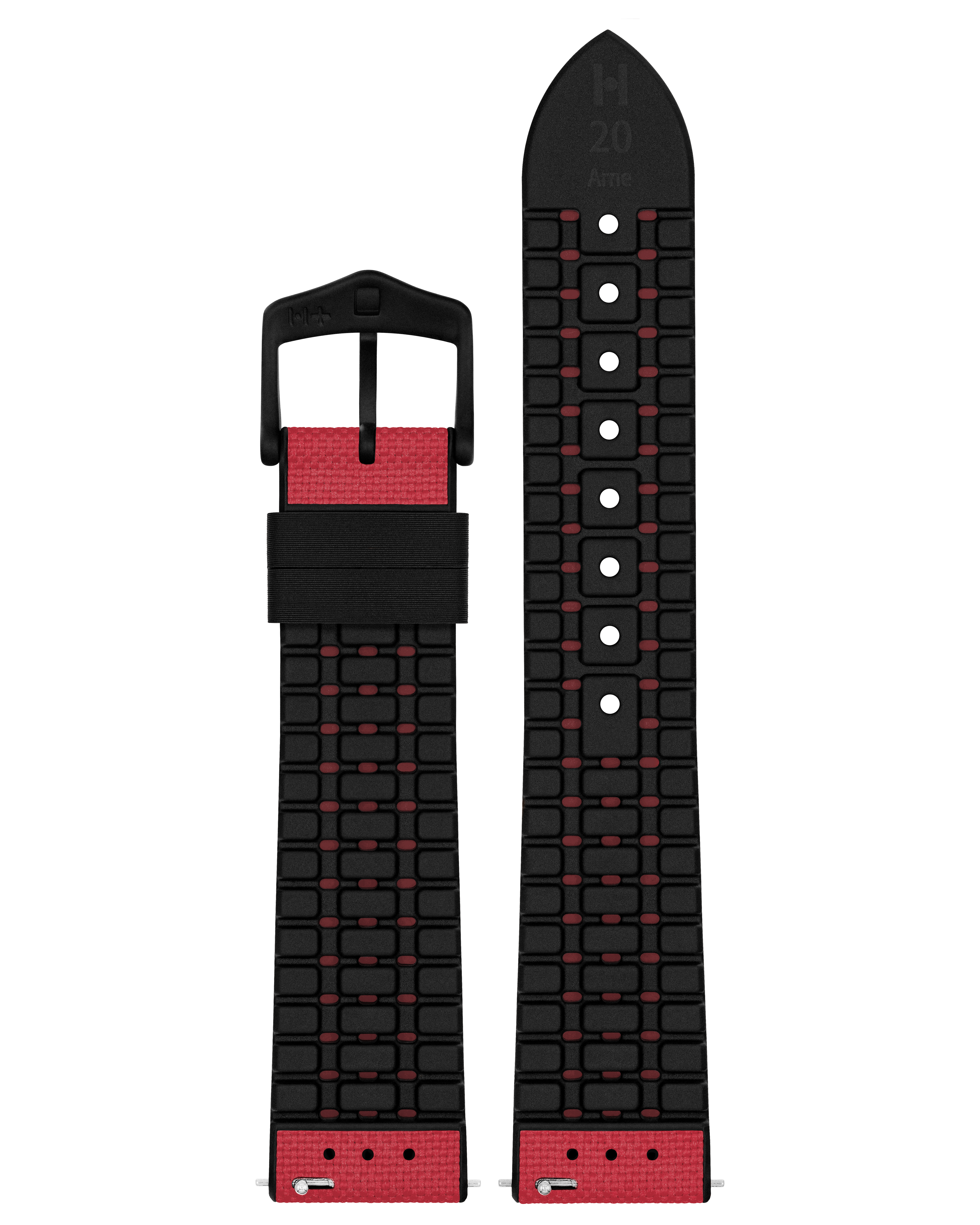 Schwarzes Uhrenarmband mit roten Akzenten und Schnalle.