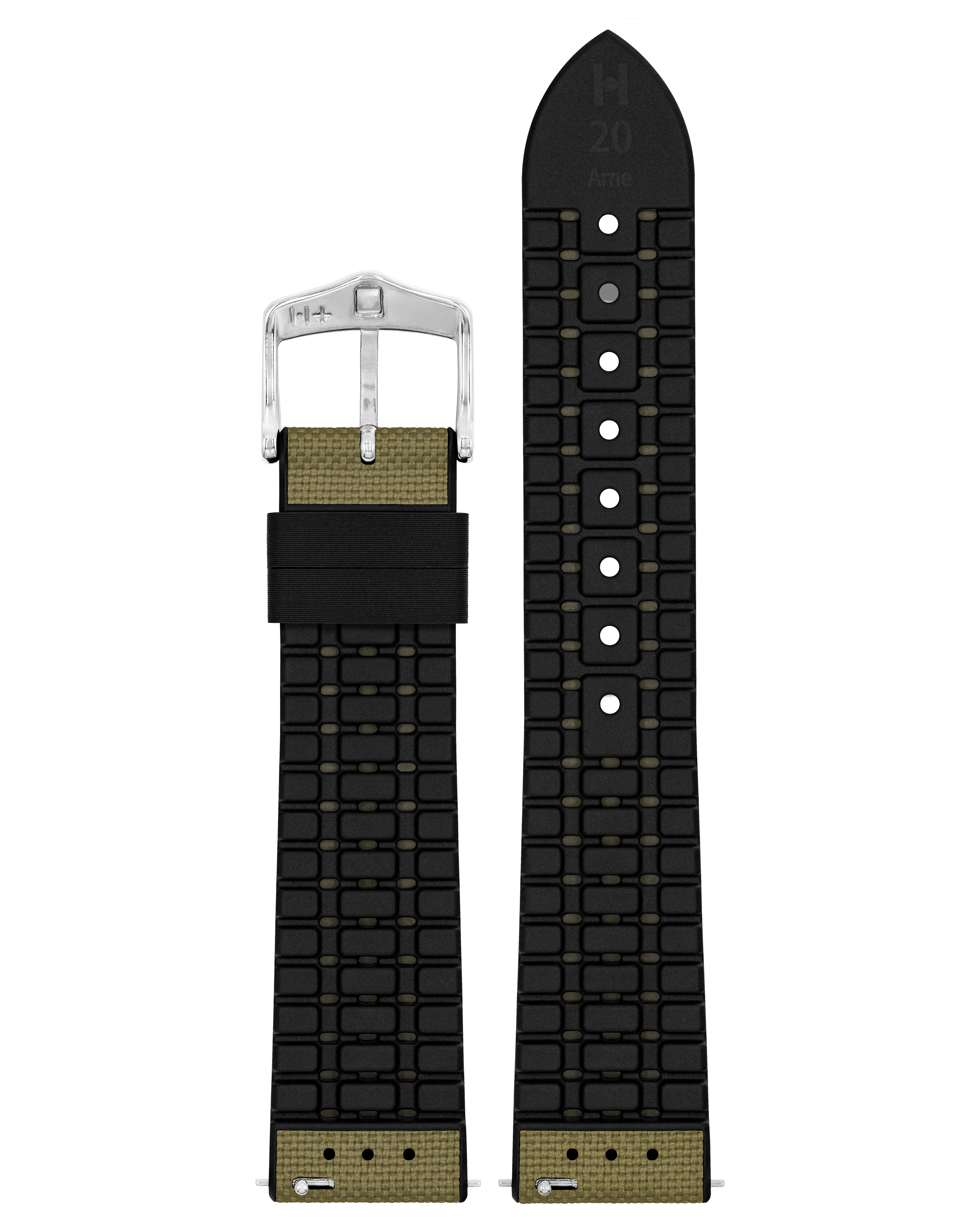 Schwarzes Uhrenarmband mitüberlappender LeinenschlieÖe und silberner SchlieÖe.