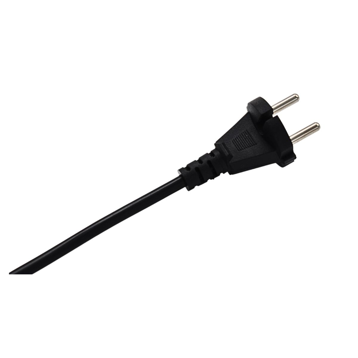 Una spina elettrica nera con due pin metallici e un cavo.