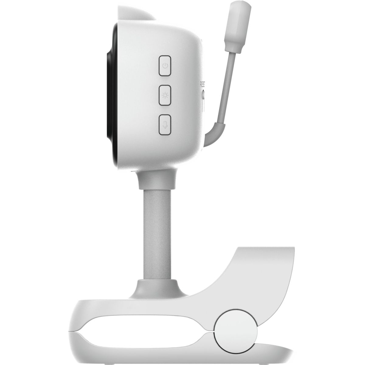 Caméra babyphone blanche avec support et boutons sur le côté.
