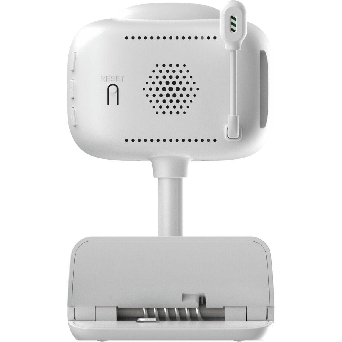 Un babyphone blanc doté d'un haut-parleur, d'un bouton de réinitialisation et d'une antenne.