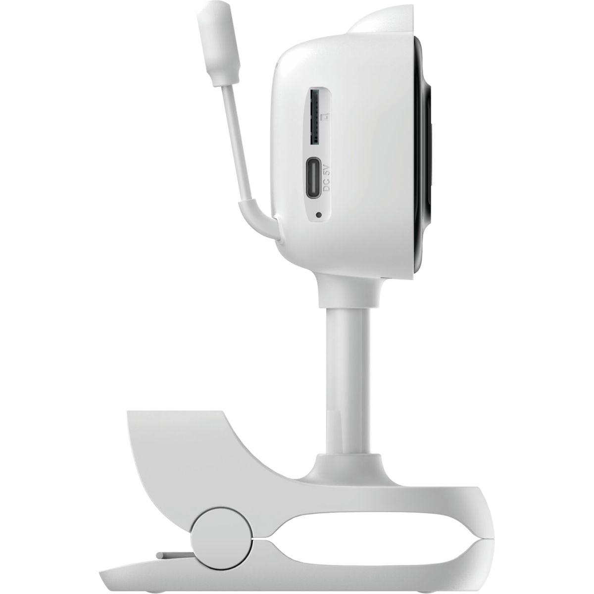 Caméra babyphone blanche avec support flexible et fente pour carte SD.