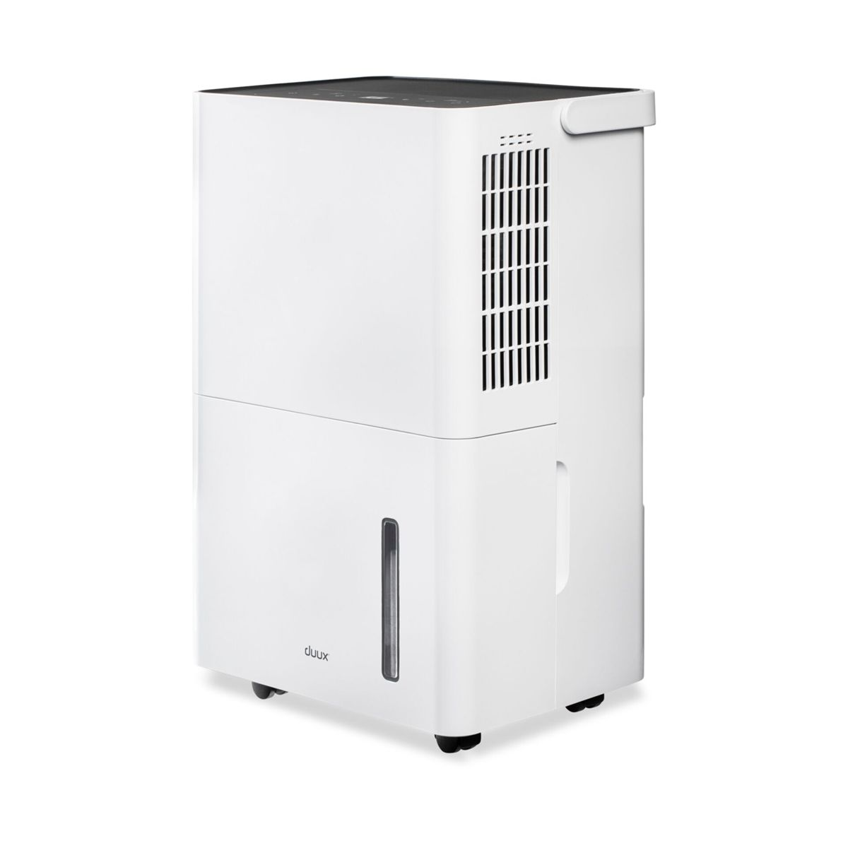 Un déshumidificateur blanc avec un dessus noir et un réservoir d'eau transparent.