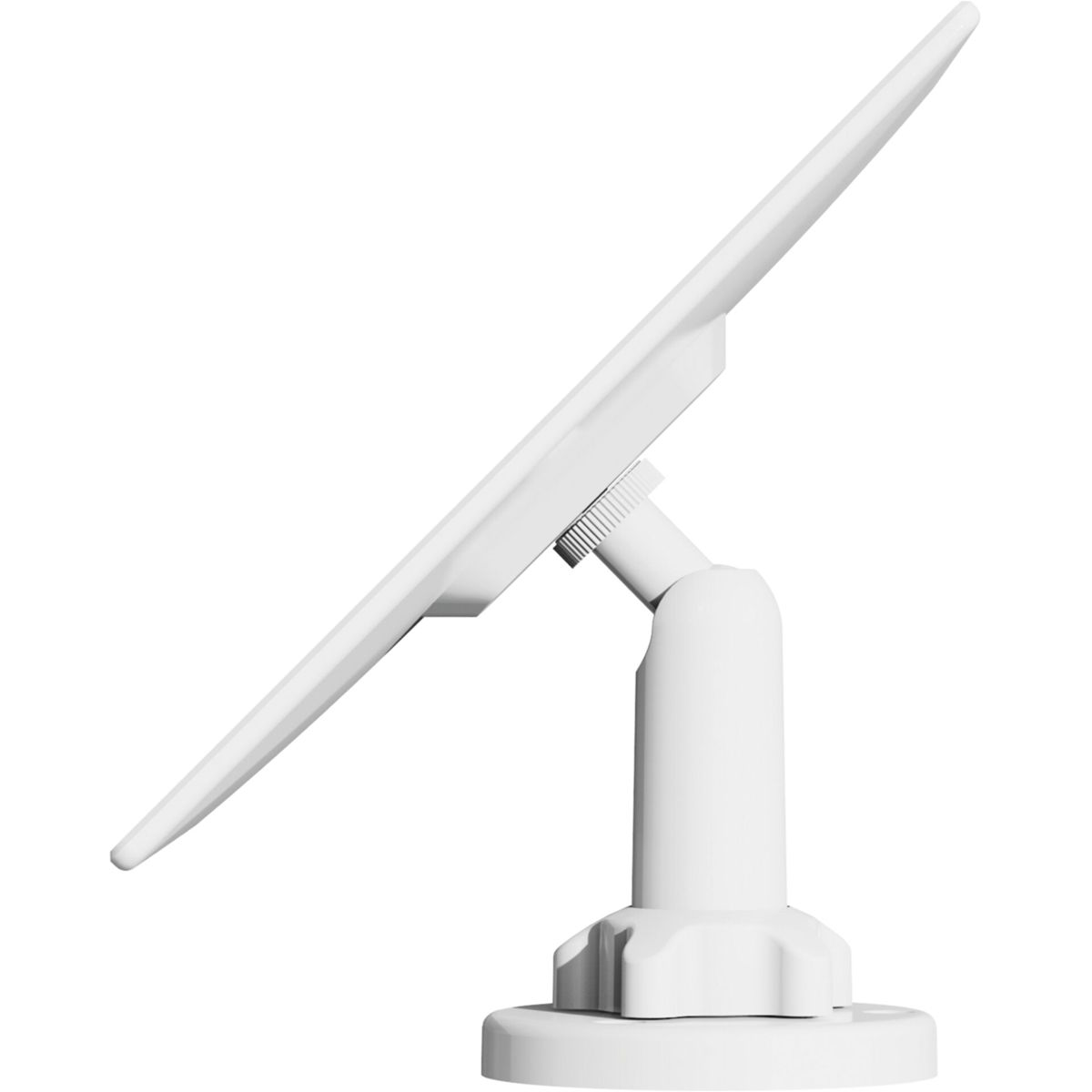 Un supporto per pannello solare bianco con giunto regolabile e base rotonda.